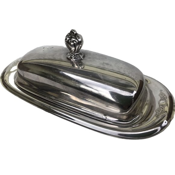 Vtg Silver Plated Butter Dish MCM 3 Pc Set Glass Insert Ornate Art Deco Kitchen - Picture 1 of 12